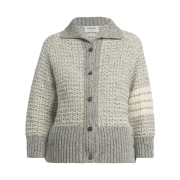 (W) Thom Browne Tweed 4-Bar Raglan Polo Cardigan Light Grey