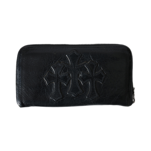 888821212121 Hansroom Chrome Hearts 3 Cross Round Zipper Leather Wallet Black