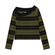 Millo Women One Shoulder Stripe T-Shirt Deep Green