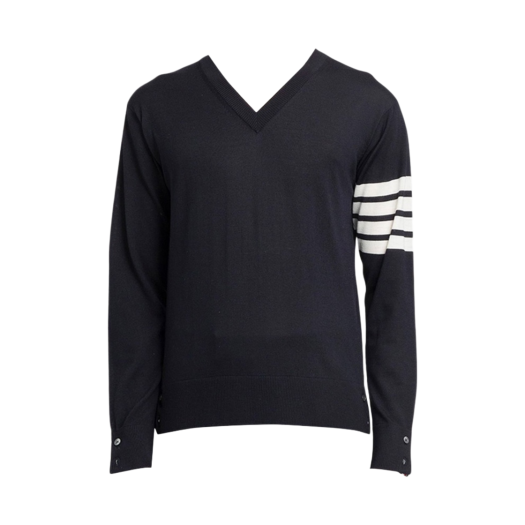 Thom Browne Fine Merino Wool 4-Bar Sleeve Classic V-Neck Pullover Navy