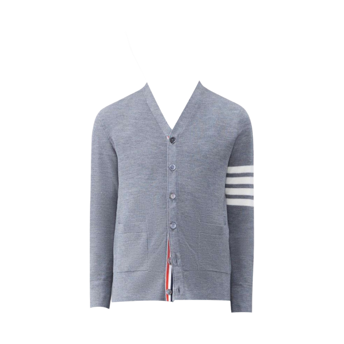 MKC484A-Y1014-055 Thom Browne Fine Merino Waffle 4-Bar High V-Neck Cardigan Light Grey