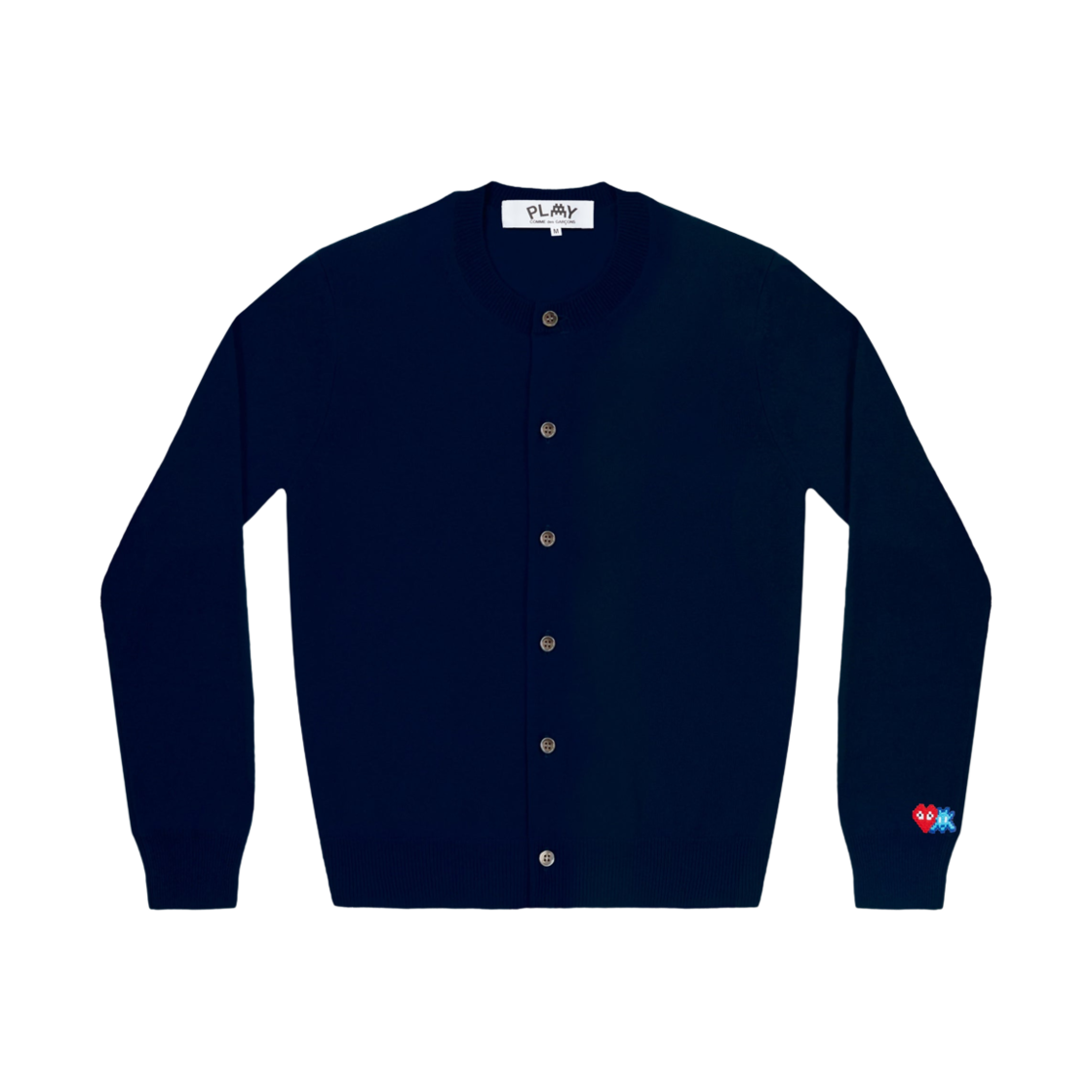 (W) 플레이 꼼데가르송 x 인베이더 더블 픽셀 하트 가디건 네이비((W) Play Comme des Garcons x Invader Double Pixel Heart Cardigan Navy) - 1