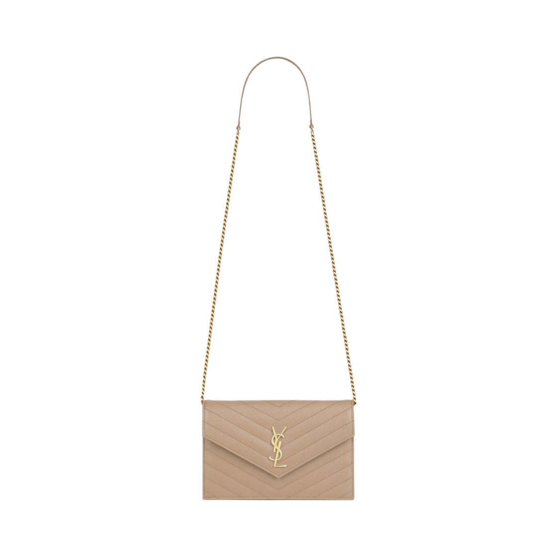 393953-BOW01-2721 Saint Laurent Cassandre Matelasse Envelope Chain Wallet in Grain De Poudre Embossed Leather Dark Beige