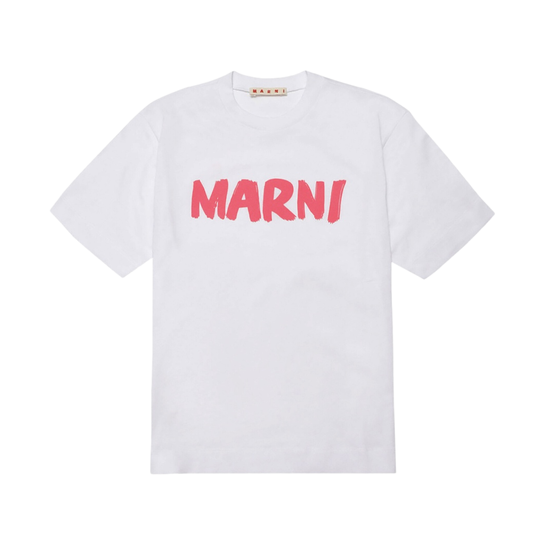 (키즈) 마르니 브러쉬 로고 화이트 저지 티셔츠 브라이트 푸시아((Kids) Marni White Jersey T-Shirt with Brush Logo Bright Fuchsia) - 1