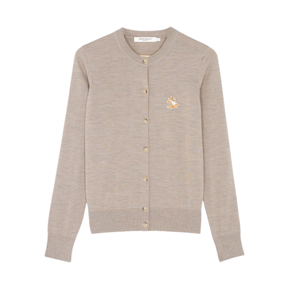 (W) 메종 키츠네 칠랙스 폭스 패치 어드저스티드 라운드넥 가디건 베이지 멜란지((W) Maison Kitsune Chillax Fox Patch Adjusted R-Neck Cardigan Beige Melange)