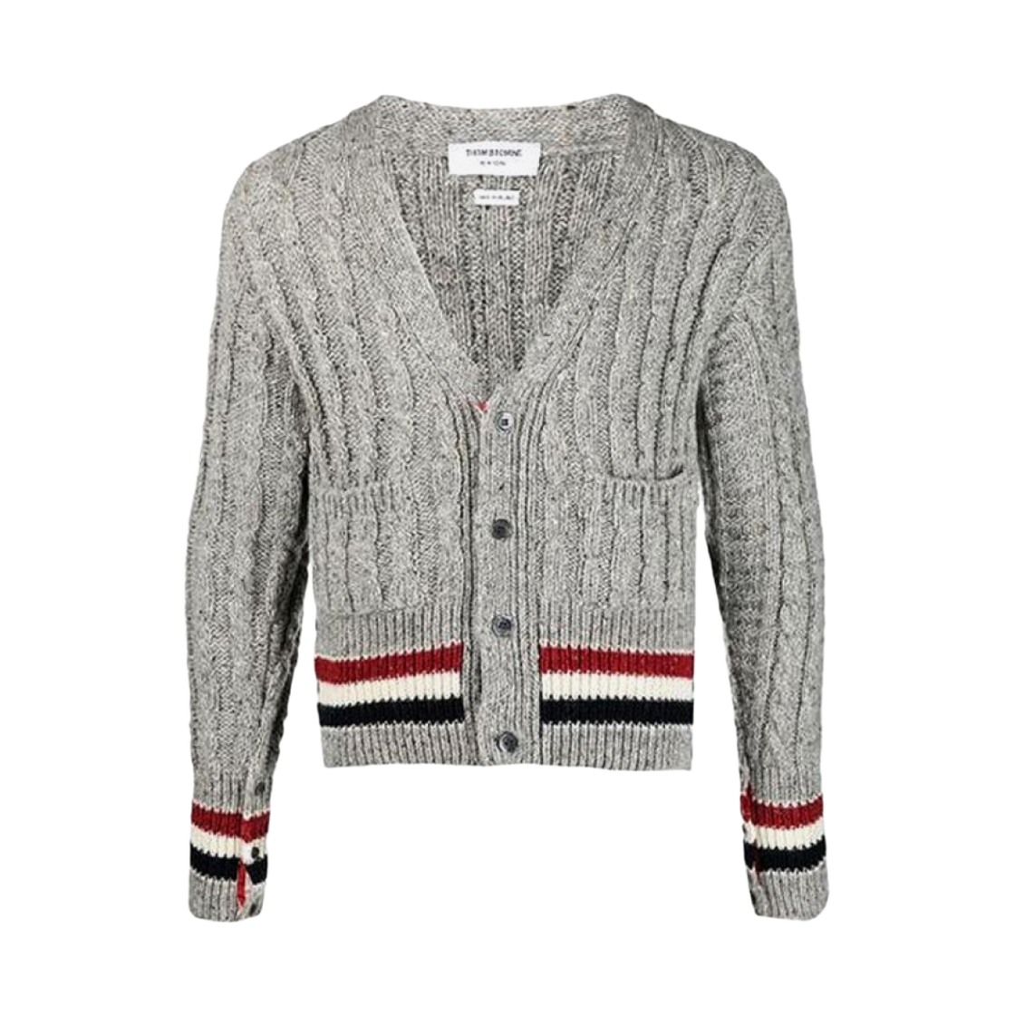 톰브라운 스트라이프 케이블 니트 가디건 라이트 그레이(Thom Browne Striped Cable Knit Cardigan Light Grey) - 1