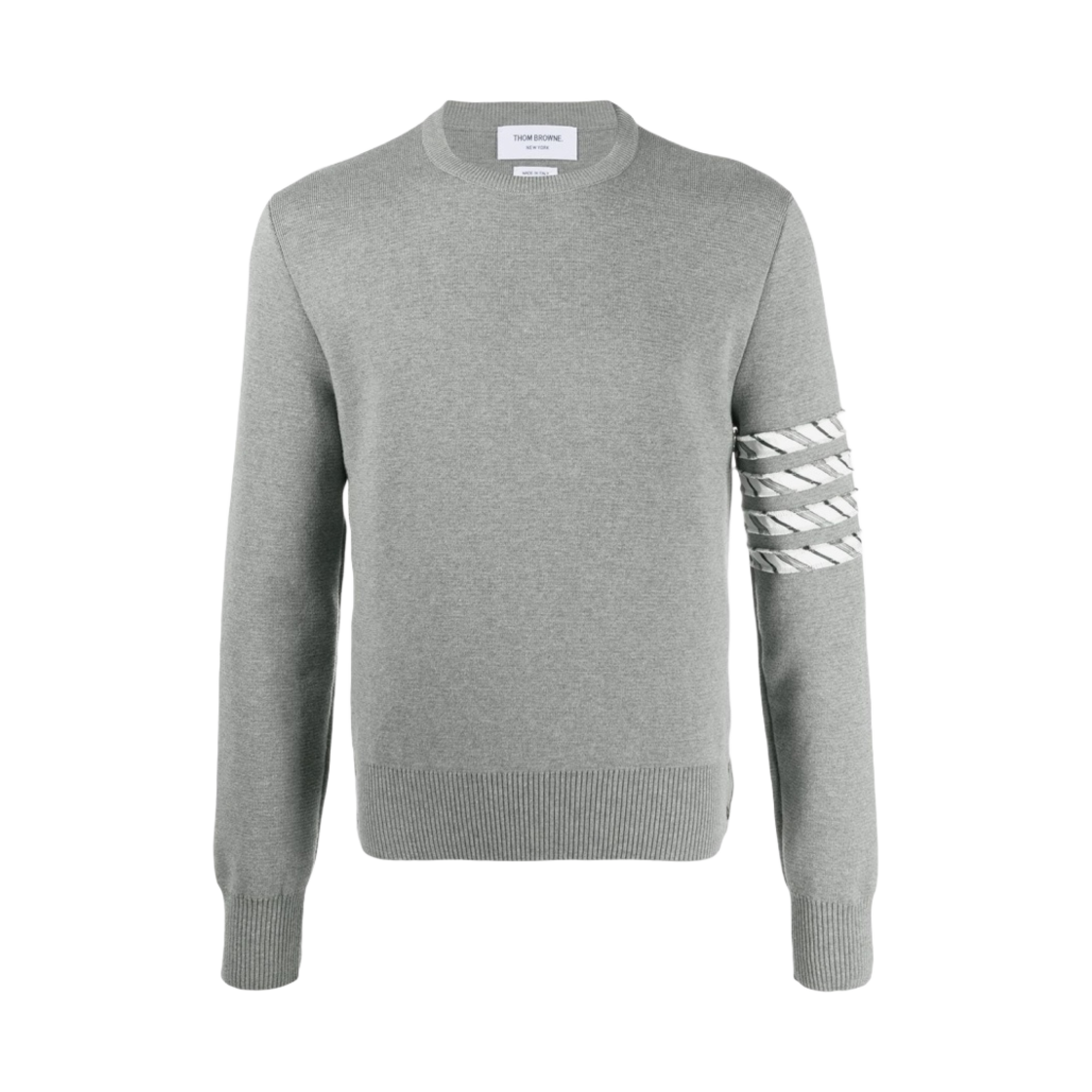 톰브라운 코튼 밀라노 스티치 실크 사선 스트라이프 크루넥 풀오버 니트 라이트 그레이(Thom Browne Cotton Milano Stitch Silk 4-Bar Stripe Crewneck Pullover Knit Light Grey) - 1