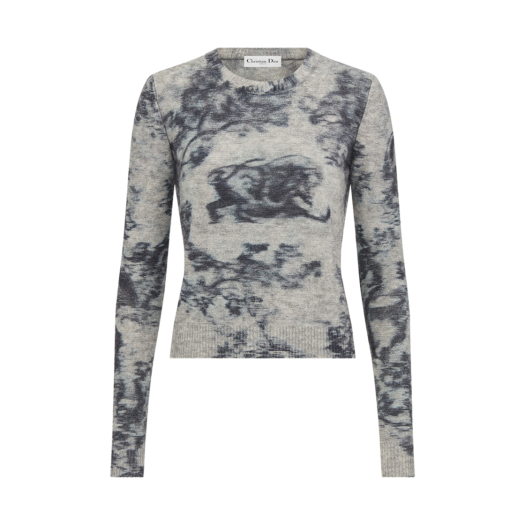(W) Dior Sweater Ecru Blue Technical Cashmere Mohair Wool Knit The Sauvage Chine Motif