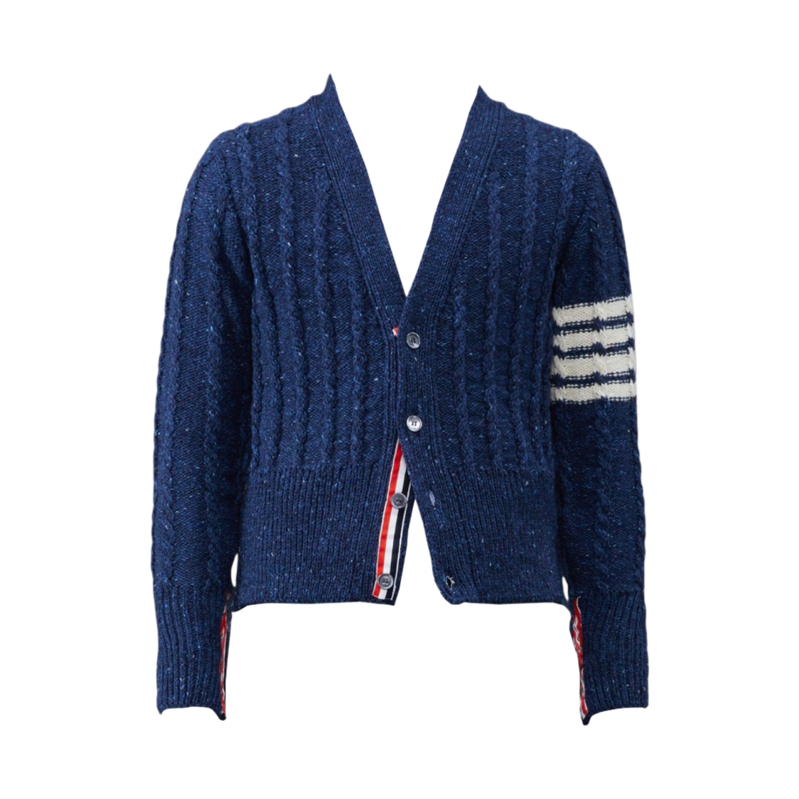 MKC486B-Y1506-424 Thom Browne Donegal Twist Cable 4-Bar Classic V-Neck Cardigan Blue