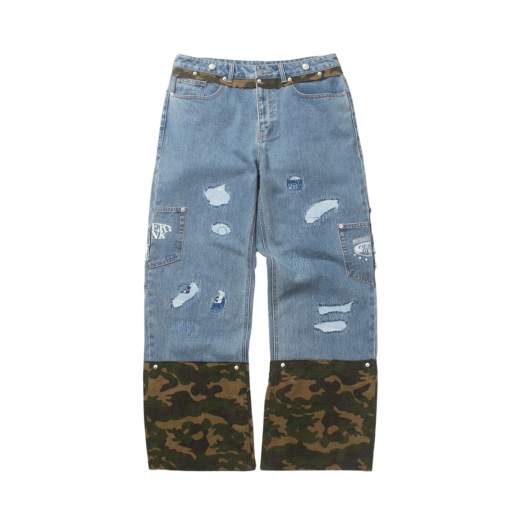 24-B001 Light Blue Resurrection13 Boro & Camo Detail Pants Light Blue