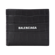 Balenciaga Semi Matt Embossed Crocodile Calfskin Cash Squarer Folded Coin Wallet Black