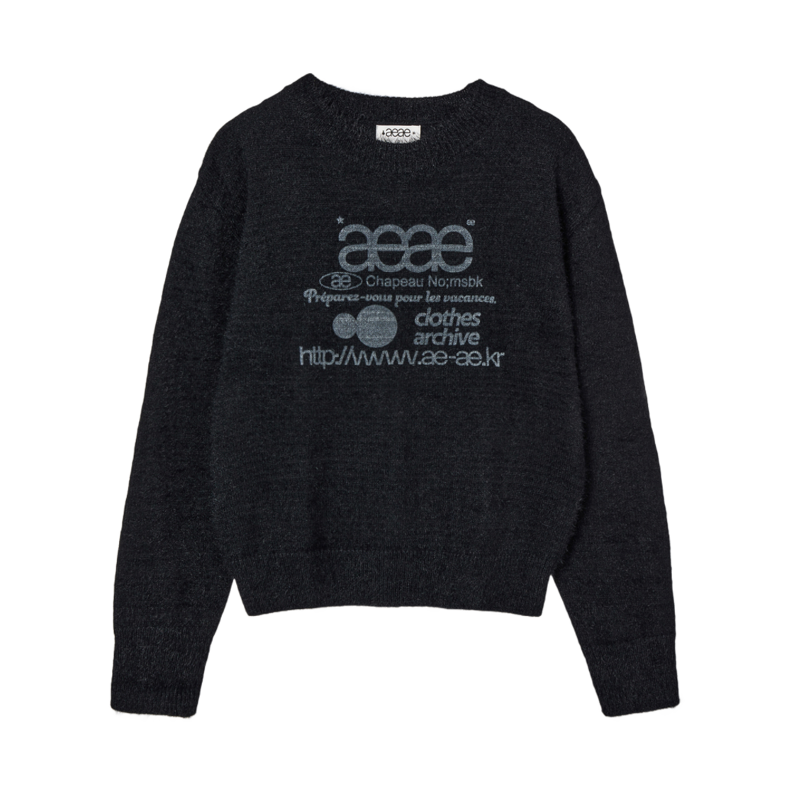 (W) 에이에이 웹 로고 크롭 헤어리 니트 블랙((W) Aeae Web Logo Crop Hairy Knit Black) - 1