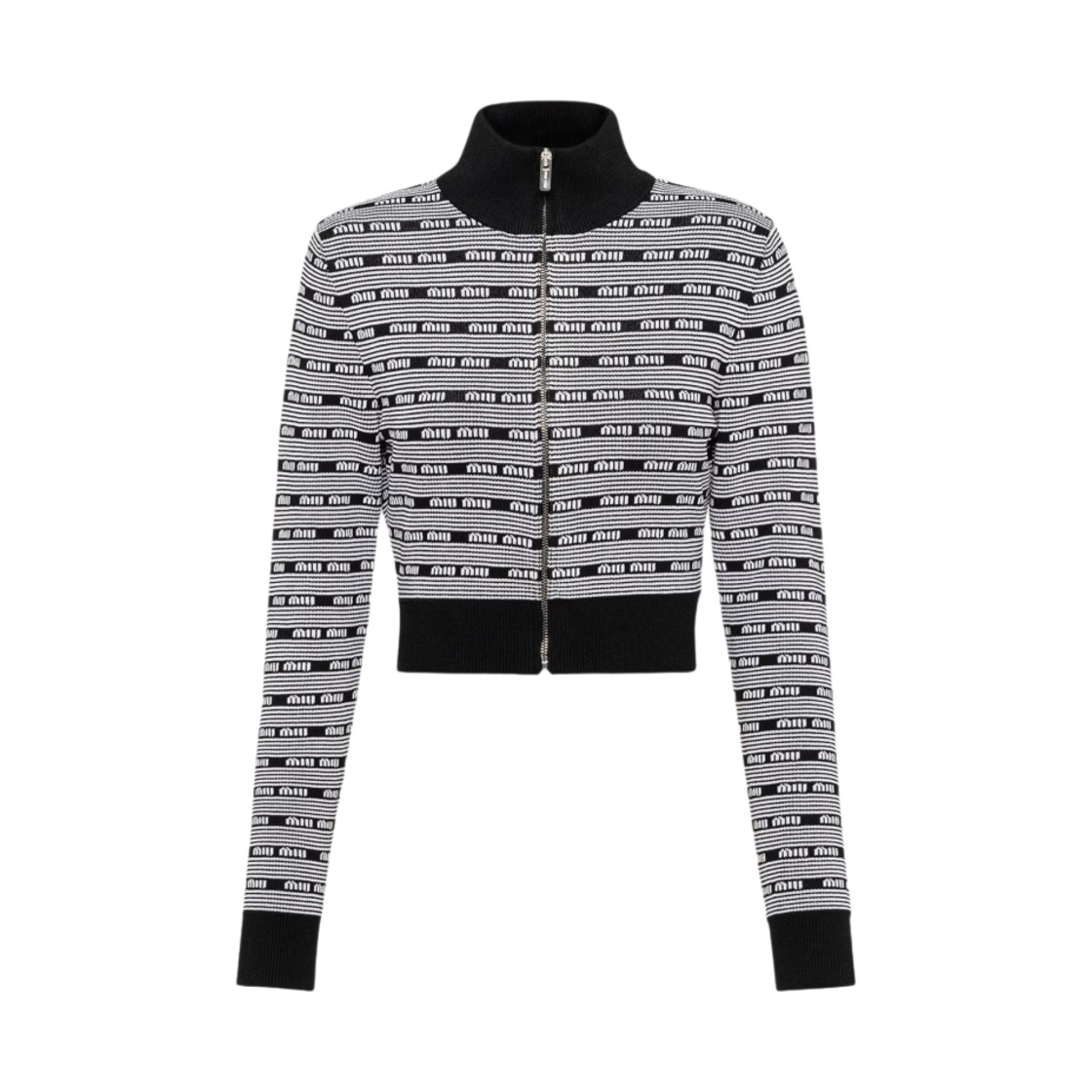 (W) 미우 미우 비스코스 터틀넥 가디건 블랙 화이트((W) Miu Miu Viscose Turtleneck Cardigan Black White) - 1