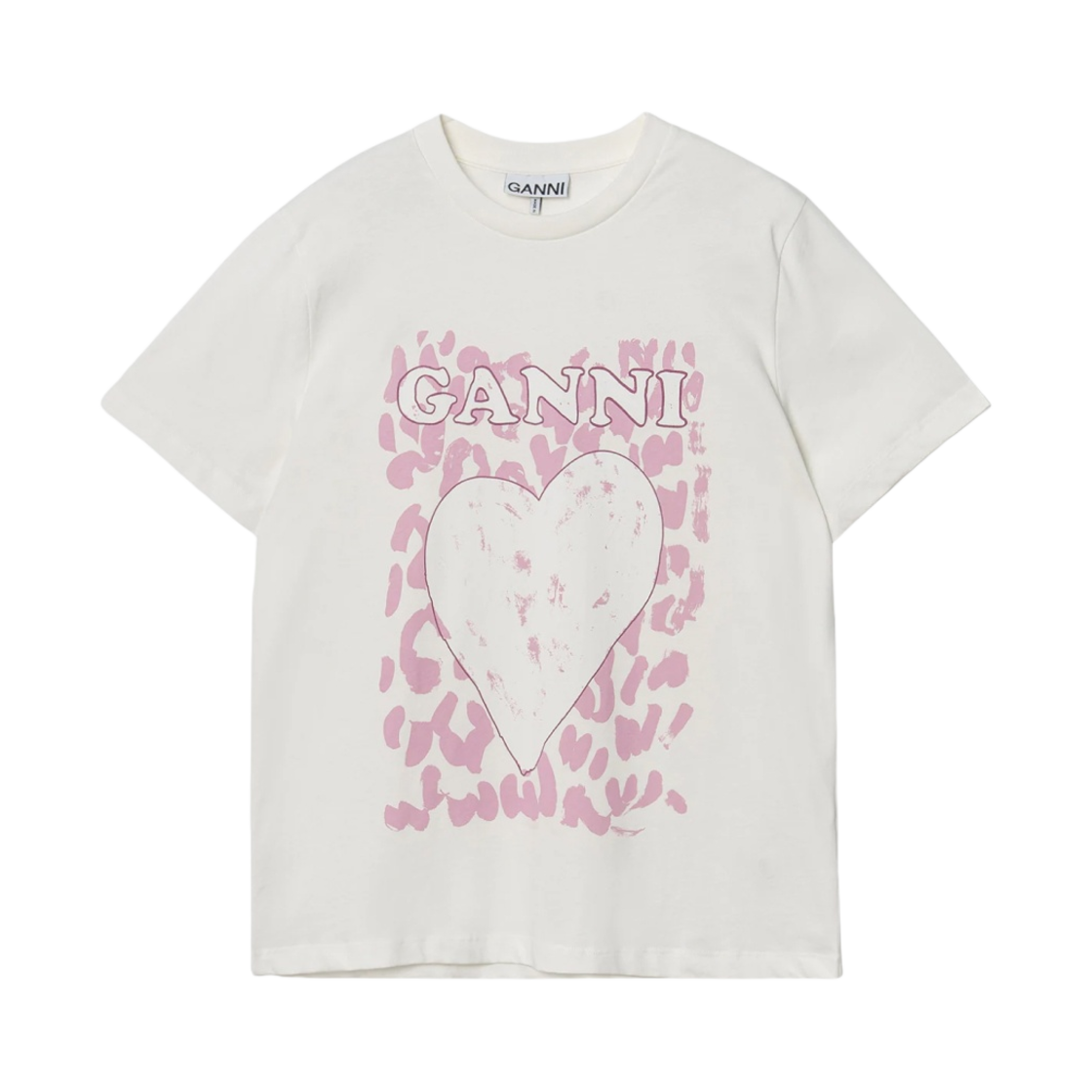 (W) 가니 핑크 레오파드 하트 티셔츠 아이보리((W) Ganni Pink Leopard Heart T-Shirt Ivory) - 1