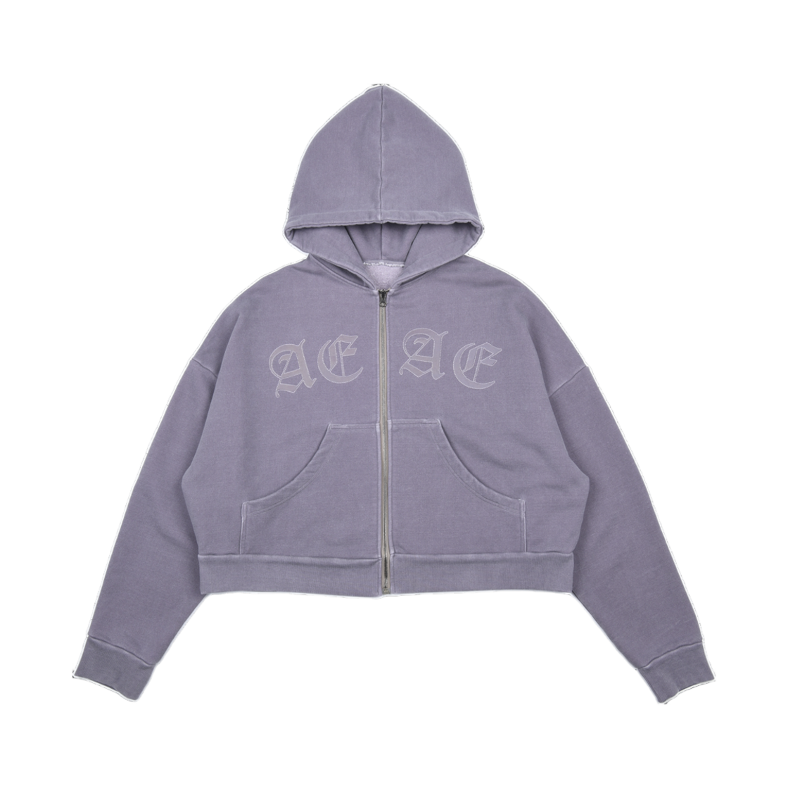 (W) 에이에이 피그먼트 크롭 후디 집업 퍼플((W) Aeae Pigment Crop Hoodie Zip-Up Purple) - 1