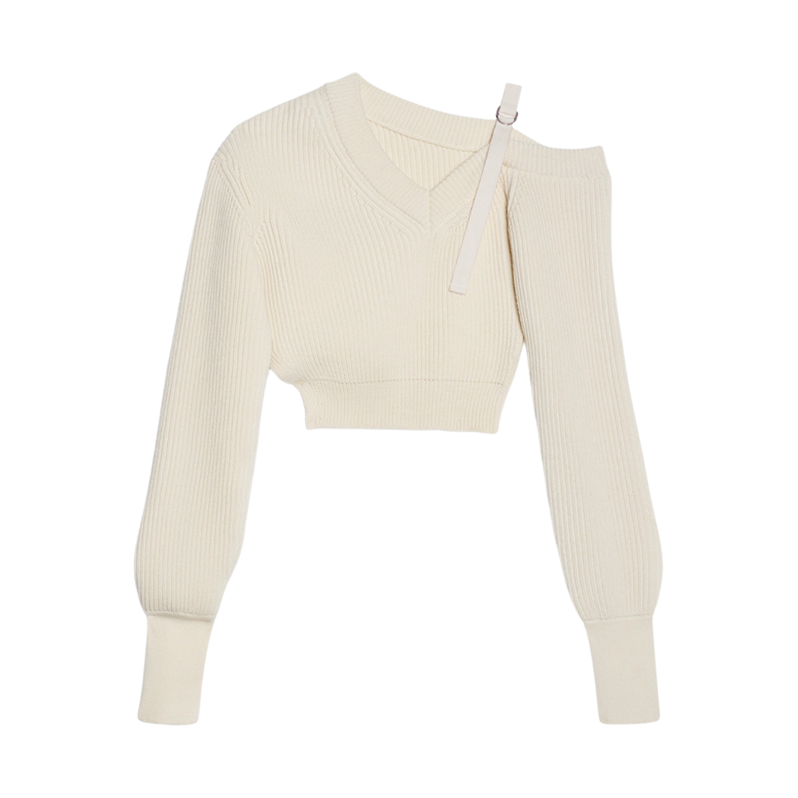 (W) 자크뮈스 라 마이유 세빌 어시메트릭 립드 풀오버 오프 화이트((W) Jacquemus La Maille Seville Asymmetric Ribbed Pullover Off White) - 1