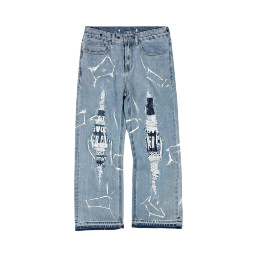 23-B019_BLUE Resurrection13 Boro & Printing Detail Denim Pants Light Blue