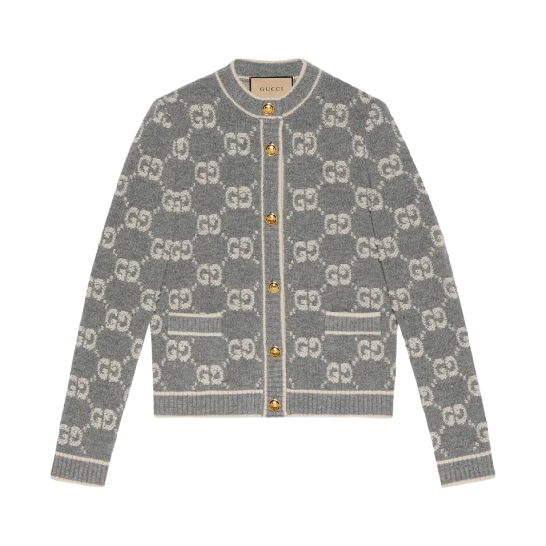 (W) 구찌 GG 울 부클레 자카드 가디건 그레이 아이보리((W) Gucci GG Wool Boucle Jacquard Cardigan Grey Ivory) - 1