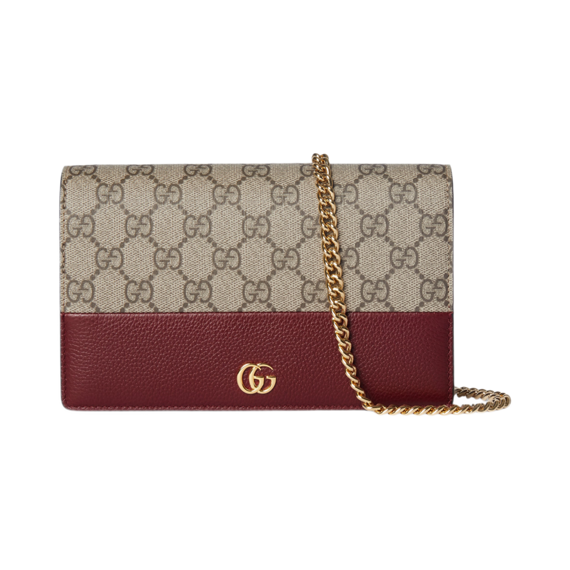 497985-AAE5E-6258 Gucci GG Marmont Chain Bi-Color Wallet Rosso Ancora Red Beige Dark Brown