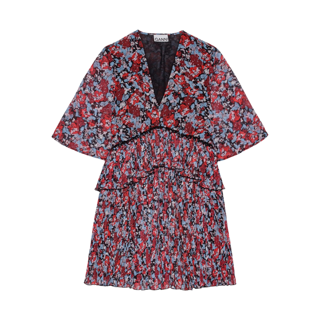 (W) 가니 플리츠 조지테 브이넥 스모크 미니 드레스 하이 리스크 레드((W) Ganni Pleated Georgette V-Neck Smock Mini Dress High Risk Red)