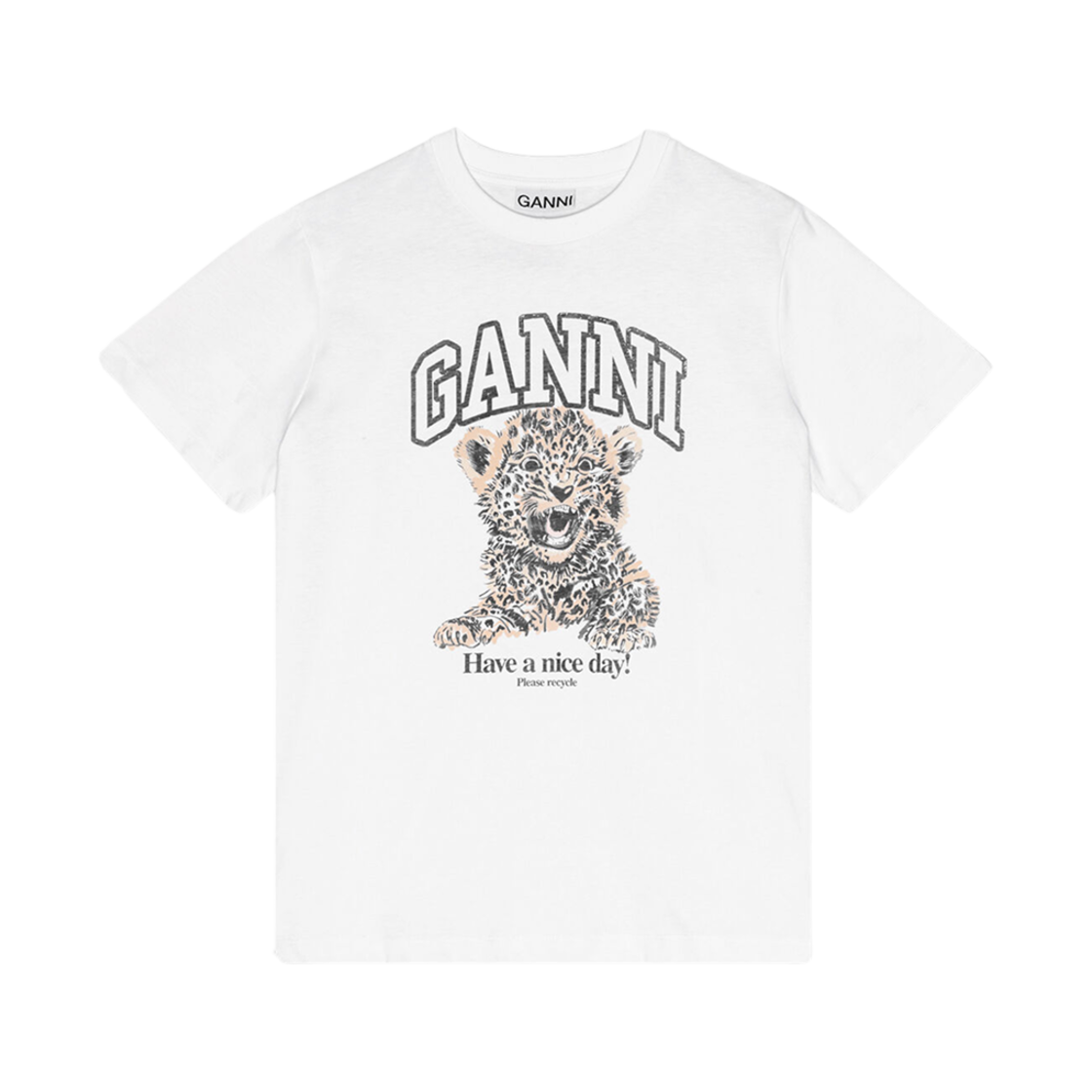 (W) 가니 베이직 저지 레오파드 릴렉스드 티셔츠 화이트((W) Ganni Basic Jersey Leopard Relaxed T-Shirt White)
