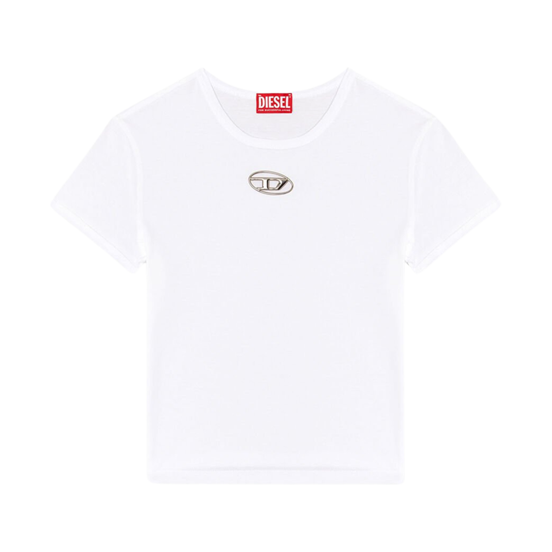 (W) 디젤 T-언큐티-롱-Od-Q1 컷아웃 오발 D 슬림 핏 티셔츠 화이트((W) Diesel T-Uncutie-Long-Od-Q1 Slim Fit T-Shirt with Cut-Out Oval D White)