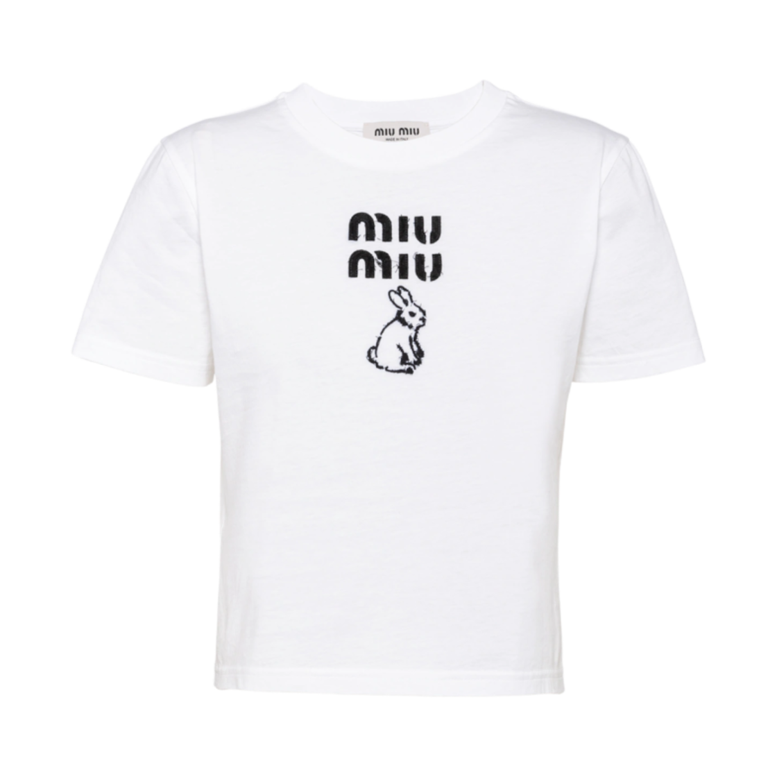 (W) 미우 미우 자수 코튼 크롭 티셔츠 화이트((W) Miu Miu Embroidered Cotton Cropped T-shirt White) - 1
