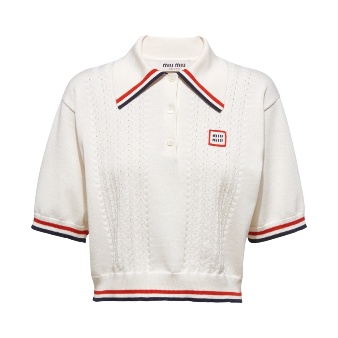 미우 미우 크롭 실크 앤 코튼 폴로 셔츠 화이트((W) Miu Miu Cropped Silk and Cotton Polo Shirt White) - 1
