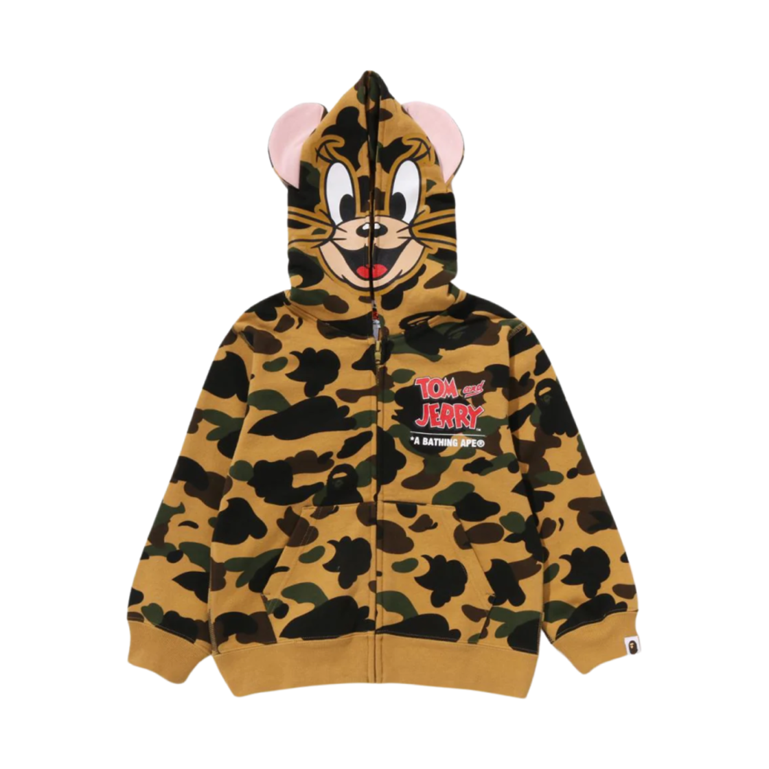 (키즈) 베이프 x 톰과 제리 85주년 제리 퍼스트 카모 집 후드 옐로우((Kids) BAPE x Tom & Jerry 85th Anniversary Jerry 1st Camo Zip Hoodie Yellow)