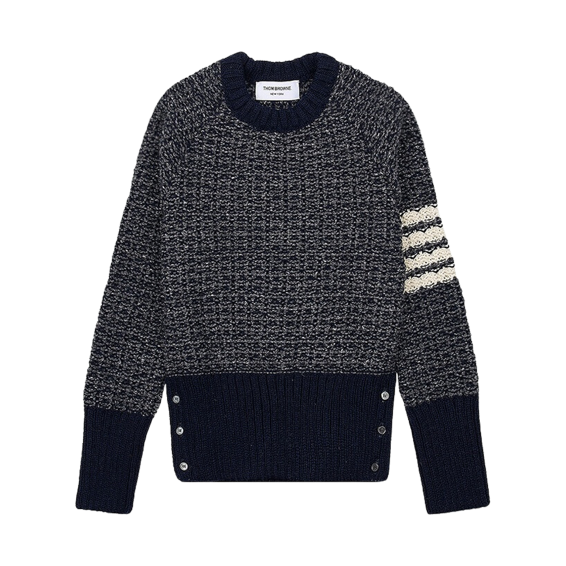 FKA449A-Y1506-415 (W) Thom Browne Tuck Stitch Raglan Sleeve in Donegal 4-Bar Stripe Pullover Crewneck Navy