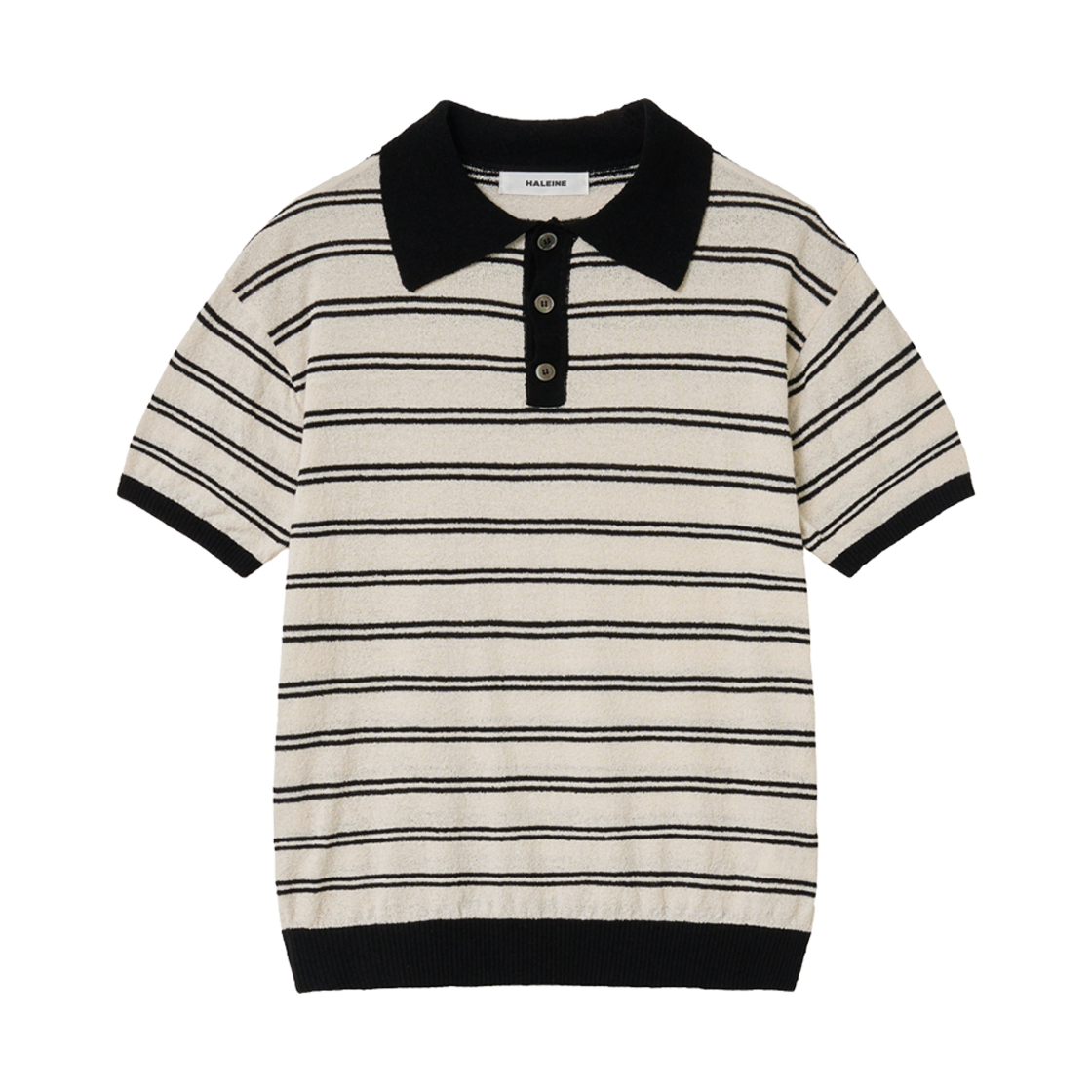 알렌느 스프라이프 부클 폴로 니트 크림 블랙(Haleine Striped Boucle Polo Knit Cream Black)