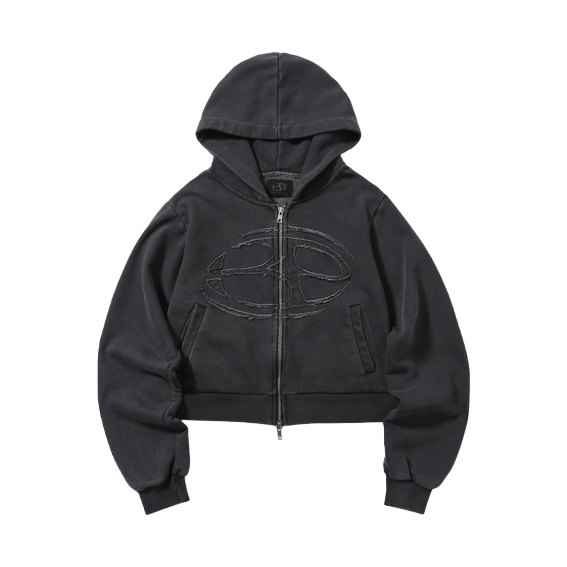 비피투디스오더 어드밴스트 피그먼트 심볼 로고 크롭 후드집업 차콜