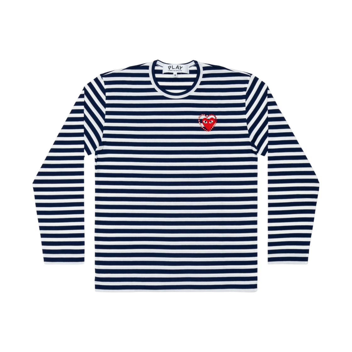 AX-T806-051-1 Play Comme des Garcons Red Heart x Rhinestone Border Long Sleeve Navy White