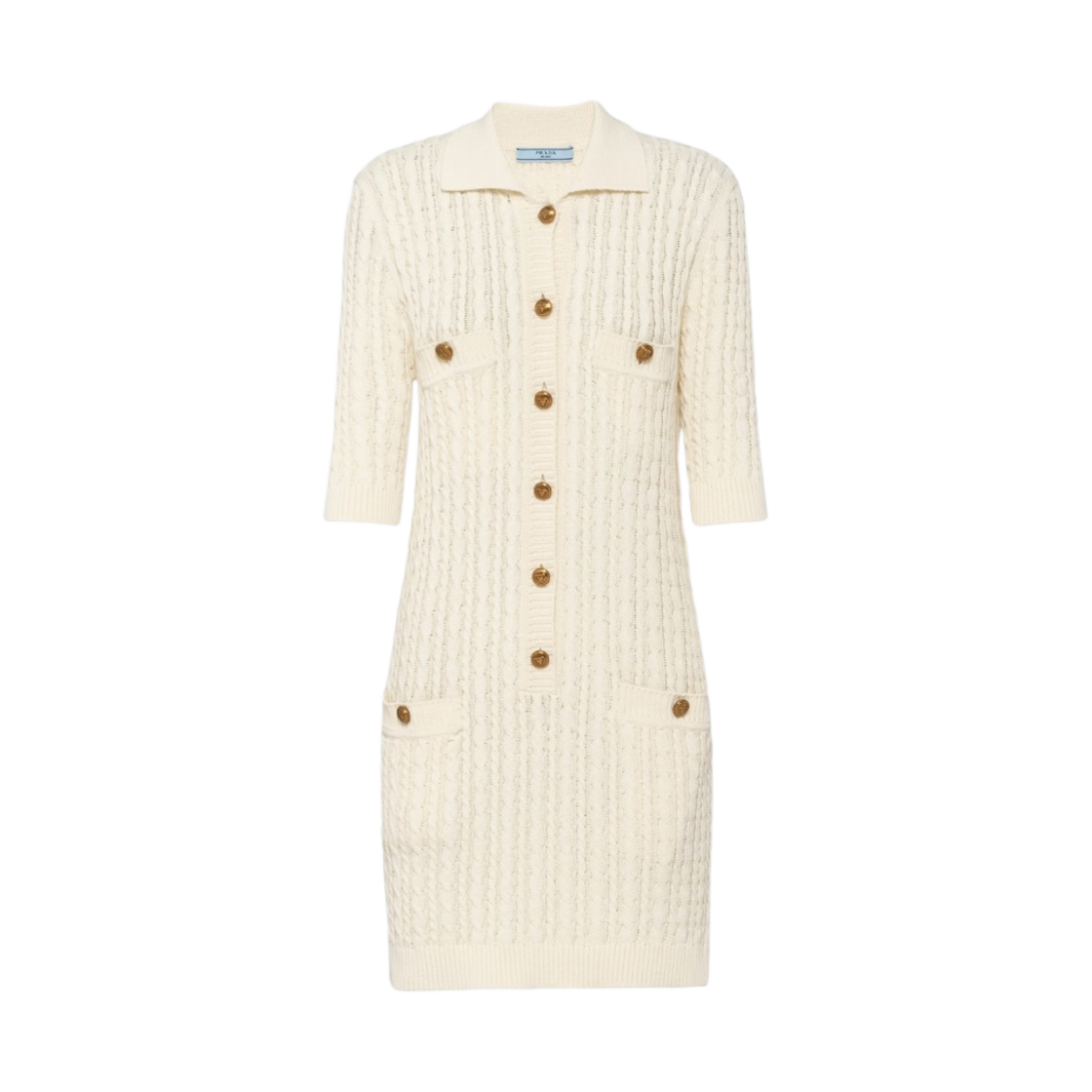 (W) 프라다 케이블 니트 코튼 미니 드레스 아이보리((W) Prada Cable-Knit Cotton Mini-Dress Ivory) - 1