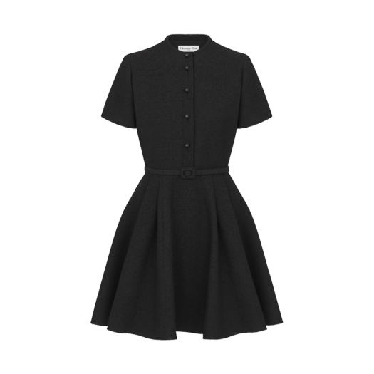 (W) Dior Short Belted Dress Black Virgin Wool Cotton Boucle