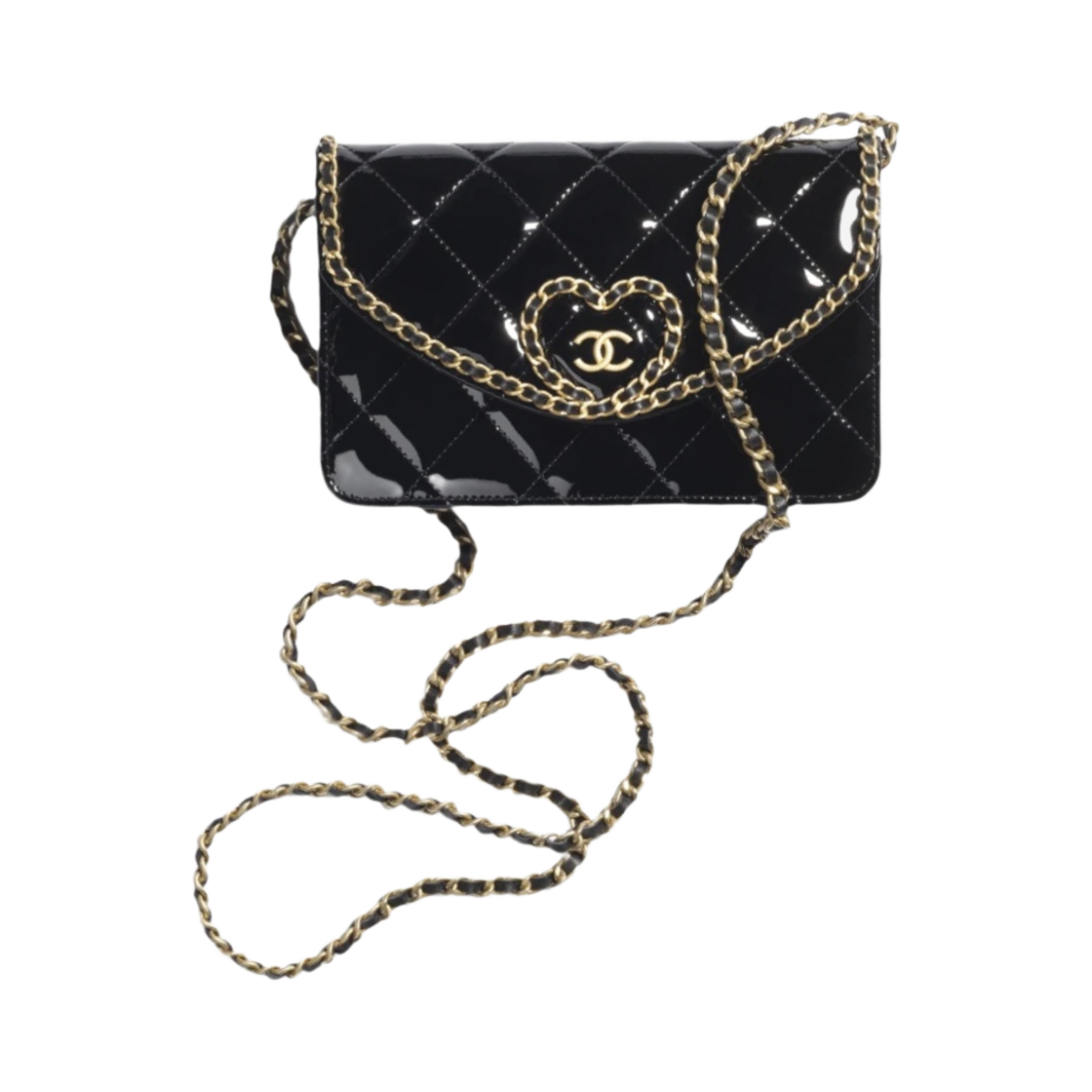 샤넬 체인 지갑 페이턴트 카프스킨 & 골드 메탈 블랙