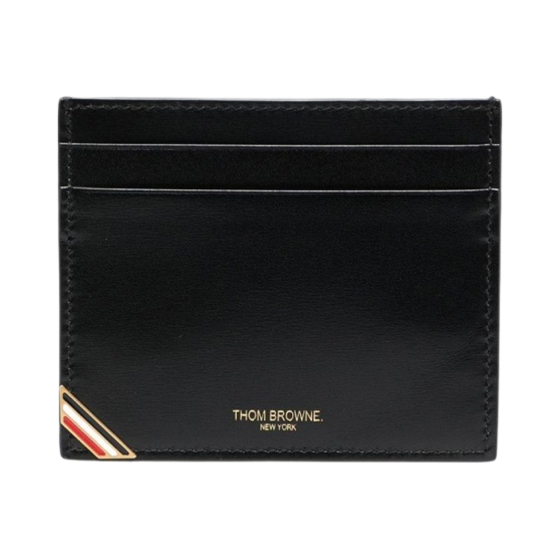 MAW209A-06549-001 Thom Browne Double Sided Card Holder with RWB Enamel Corner in Box Calfskin Black