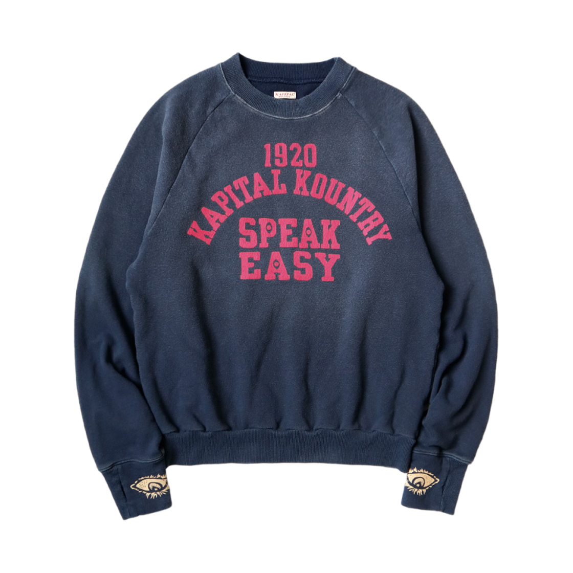 캐피탈 래글런 크루넥 플리스 스웨트셔츠 스피크이지 컬리지 Pt 네이비(Kapital Raglan Crewneck Fleece Sweatshirt Speakeasy College Pt Navy)
