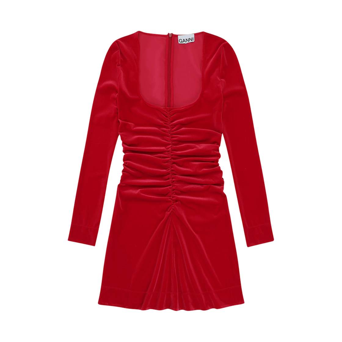 (W) 가니 벨벳 저지 미니 드레스 세이비 레드((W) Ganni Velvet Jersey Mini Dress Savvy Red) - 1