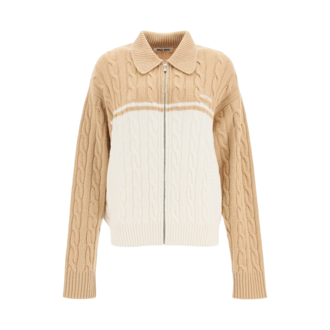(W) 미우 미우 울 캐시미어 집업 가디건 카멜 화이트((W) Miu Miu Wool Cashmere Zip Up Cardigan Camel White) - 1