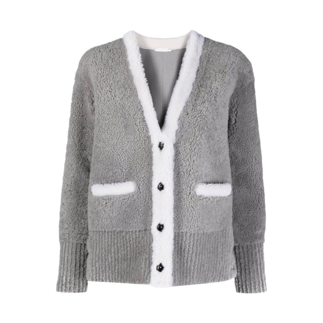 (W) 톰브라운 셔링 콘트라스트 트림 브이넥 가디건 자켓 미디움 그레이((W) Thom Browne Shearling Contrast Trim V-Neck Cardigan Jacket Medium Grey) - 1