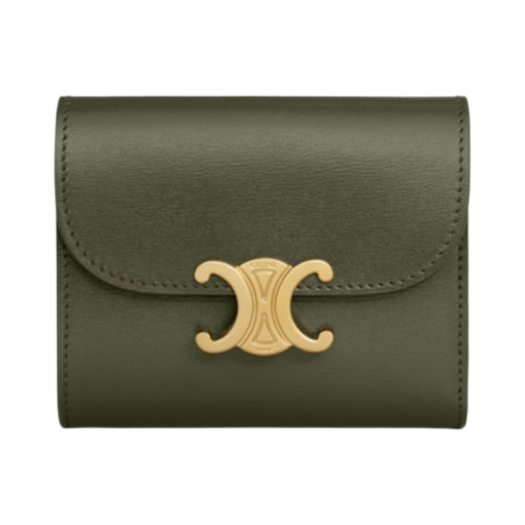 Celine Triomphe Small Flap Wallet in Shiny Calfskin Khaki