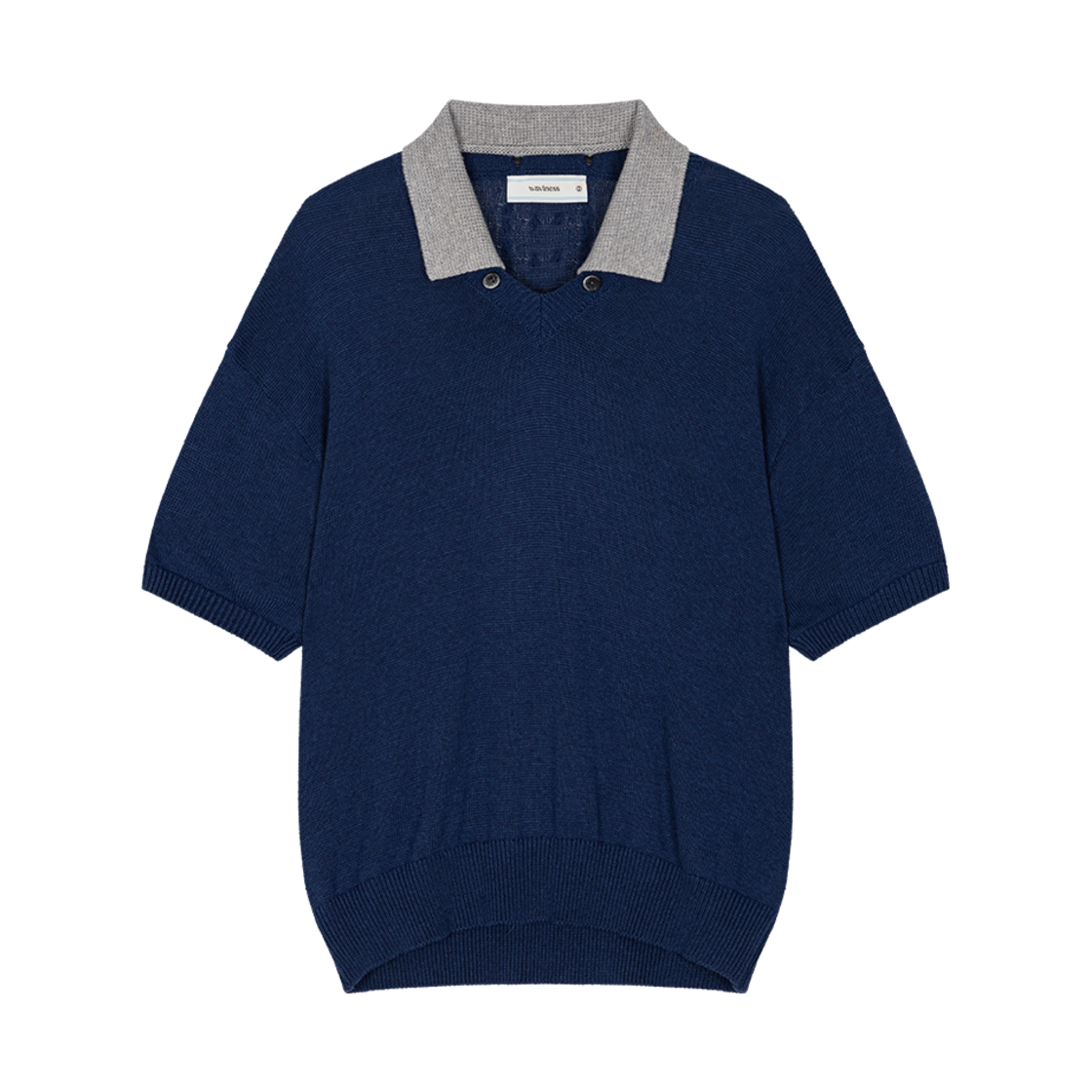 Waviness25221 Waviness Toggled Petal Collar V-Neck Half Knit Blue Grey