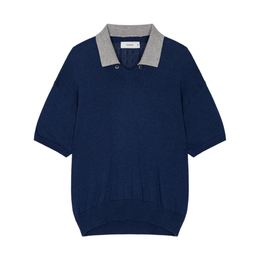 Waviness25221 Waviness Toggled Petal Collar V-Neck Half Knit Blue Grey