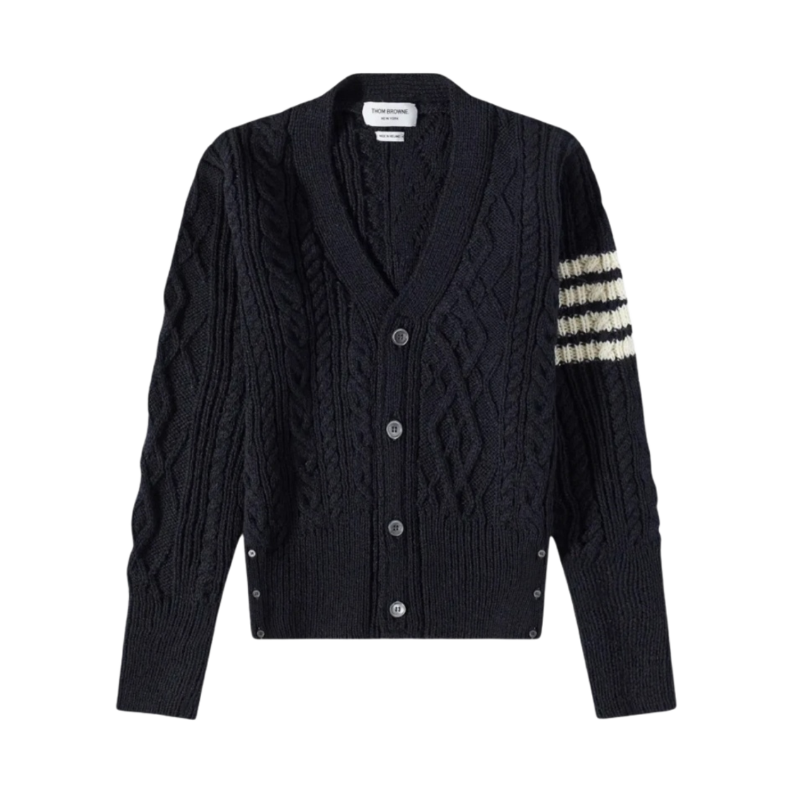 톰브라운 도네갈 케이블 사선 브이넥 가디건 네이비(Thom Browne Donegal Cable 4-Bar V-Neck Cardigan Navy)