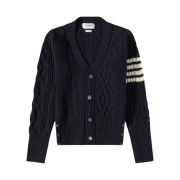 Thom Browne Donegal Cable 4-Bar V-Neck Cardigan Navy