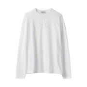 (W) Miu Miu Long Sleeve Cotton T-Shirt with Embroidered Logo White