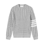 Thom Browne Cotton 4-Bar Cable Knit Crewneck Pullover Light Grey
