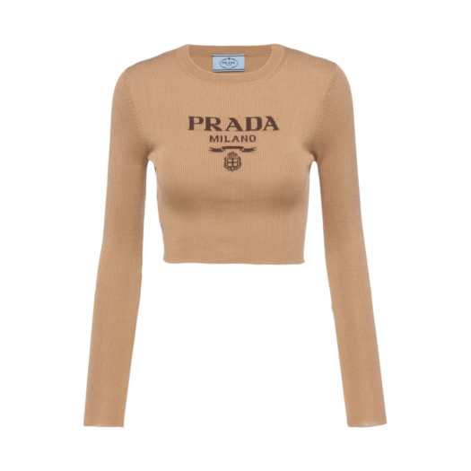 (W) Prada Cropped Silk Sweater with Logo Camel Brown