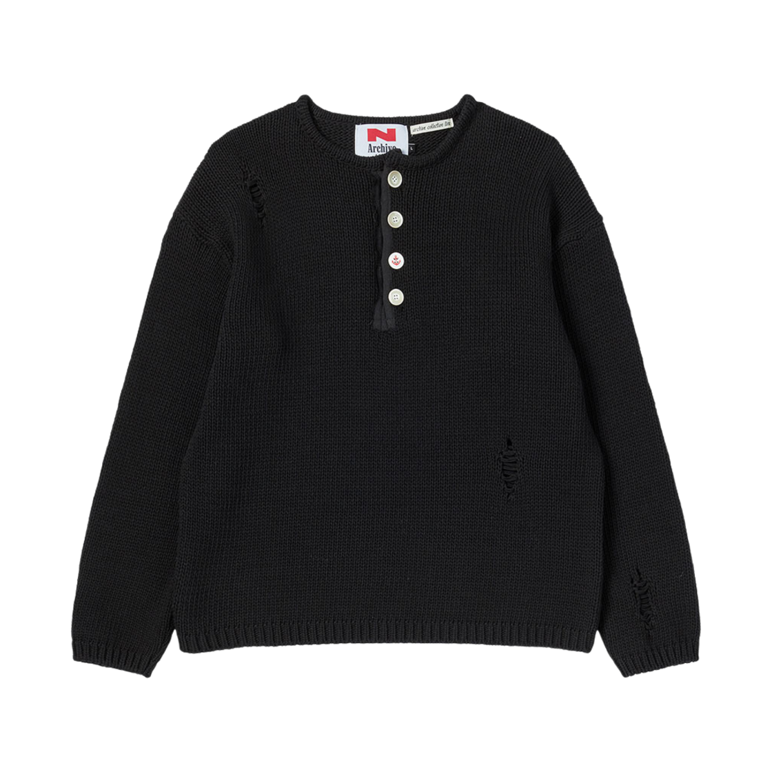 엔 아카이브 아카이브 헤비 웨이트 코튼 데미지 디테일 헨리넥 니트 블랙(N ARCHIVE Archive Heavy Weight Cotton Damage Detail Henry Neck Knit Black)